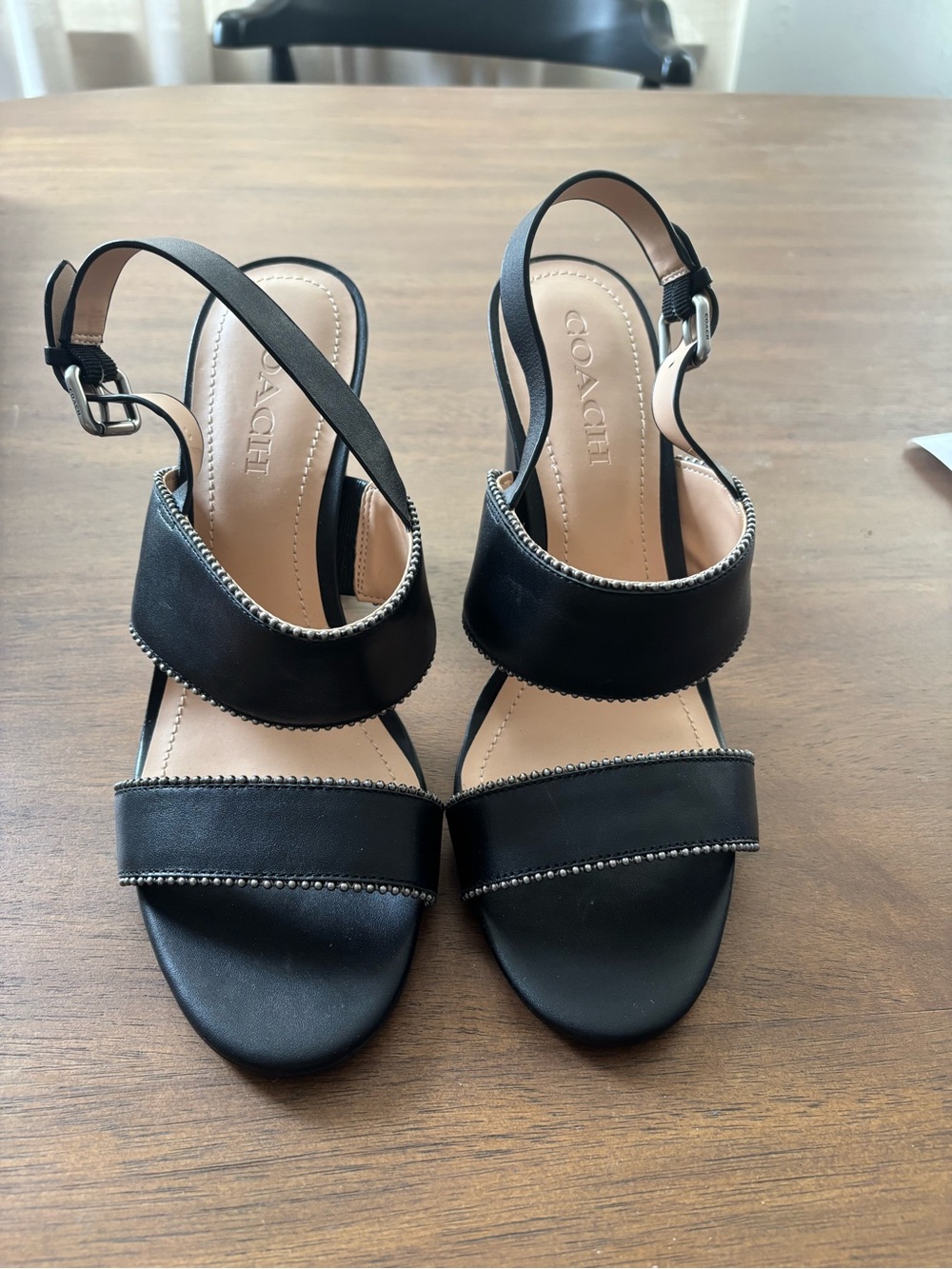COACH Black Leather Beaded Trim Slingback Sandals